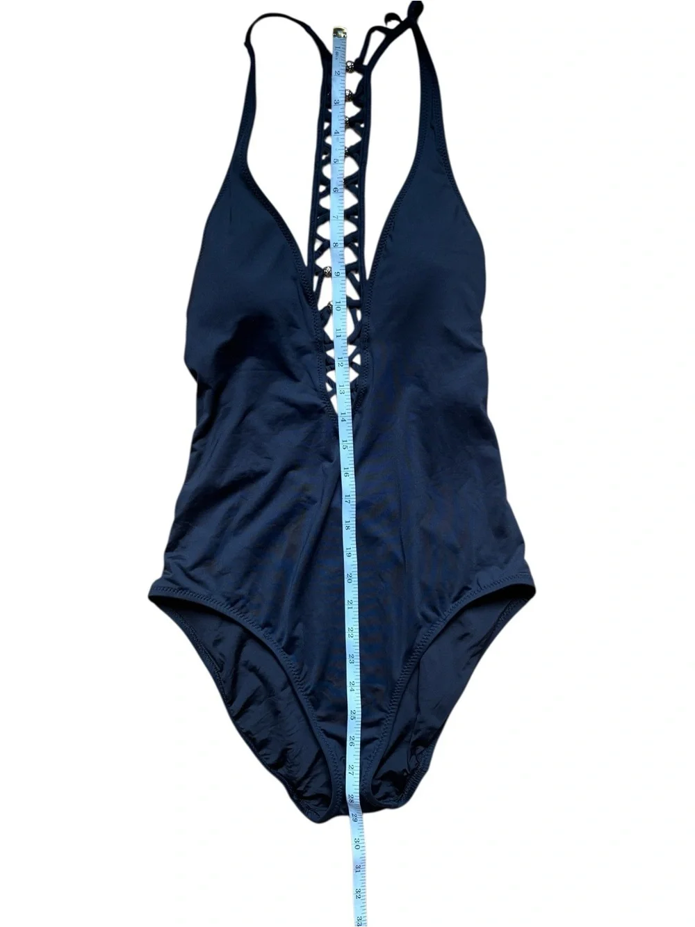 Trina Turk Black Lace-Up Gold Detail Plunge High-Cut One-Piece Swimsuit